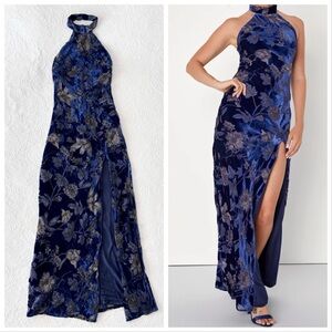 NWOT Lulus Dreamy Blossom Dark Blue Floral Burnout Velvet Halter Maxi Dress